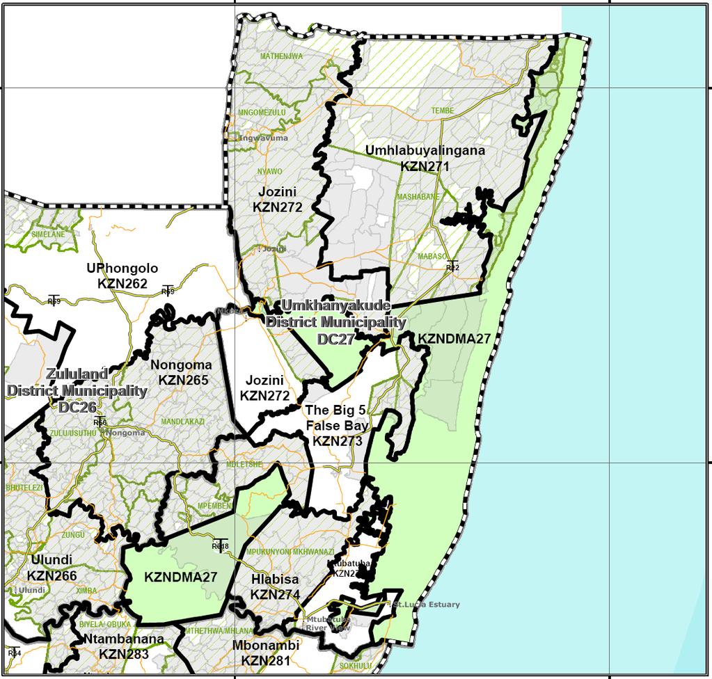 46 KZN DC27: Proposed inclusion of southern portion east of R22 into Umhlabuyalingana (KZN271); the western portion west of R22 road into Jozini (KZN272); the eastern portion