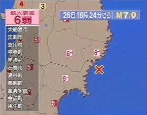 NHK TV Screen Image TV-reported Seismic Intensity Miyagi-ken Earthquake, 26 July 2003, 7:13 am JST JMA Intensity 6+,