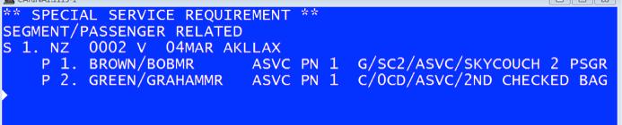 shown below for a Skycouch for one passenger booked on two flights) Note: the ASVC message should change from an NN status to KD after a few seconds, just like a seat or meal request