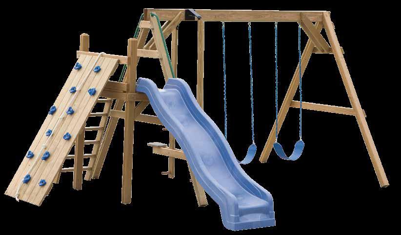 6' mountain climb, entrance ladder, wooden glider and two swings.
