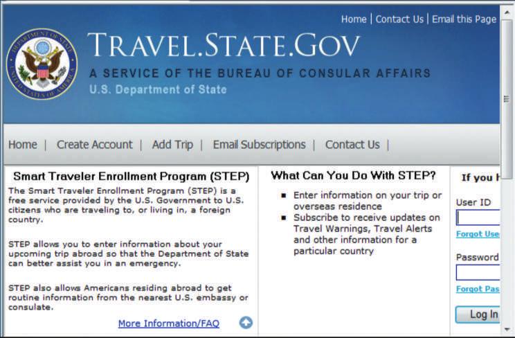 The U.S. government provides a smart traveler service for U.S. citizens who are traveling to a foreign country. The website is shown in Figure 10-2.
