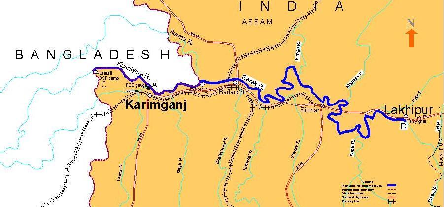 Proposed National Waterway (No 6) River Barak Bhanga Badarpur Silchar Stretch Km Bhanga - Lakhipur 121 Length 121 km