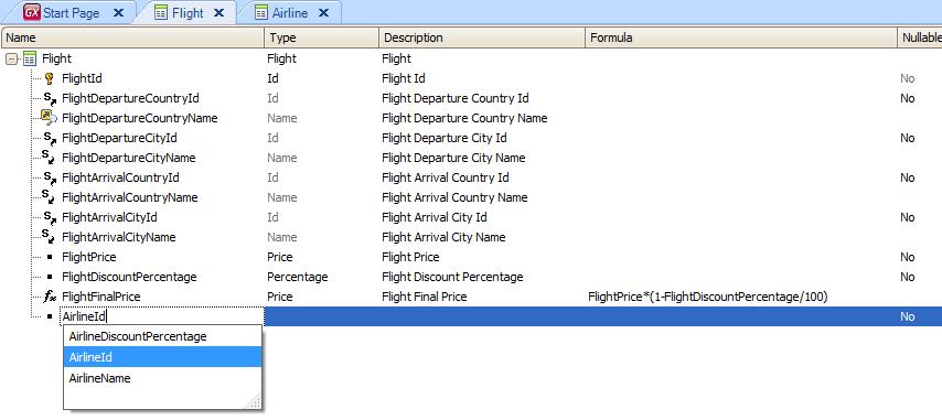 We add the attribute AirlineId, which here will play the role of foreign key and change the value of its Nullable property to Yes.