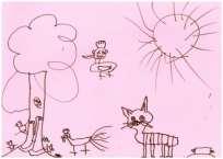 Slika 67: Risba na temo basni Mačka, petelin in mlada miš Tilen (6 let) TILEN (6 let): "Če nekoga ne poznaš, mu ne smeš verjet, čeprav je prijazen in lep, če ga pa poznaš, mu pa lahko verjameš.