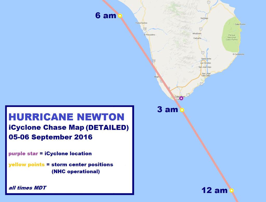 Figure 2: Chase Map (Detail) Chronology NEWTON made a direct hit on Cabo San Lucas. The hurricane s eye passed directly over Downtown, resulting in a prolonged calm period in the city about 2 hours.