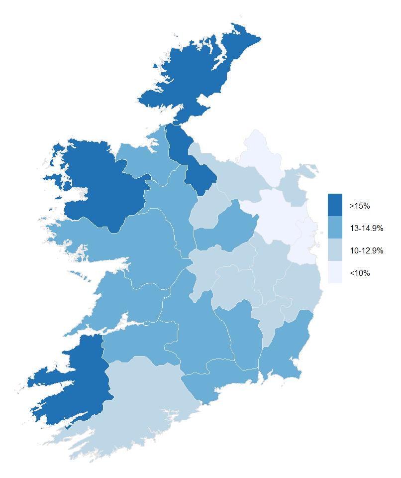 Enterprise TDRs 2011 NUTS 4 NUTS Region 2006 2011 % % Carlow 10.8 12.1 Cavan 11.2 12.5 Clare 13.7 14.7 Cork 10.6 11.4 Donegal 13.5 16.9 Dublin 8.1 8.8 Galway 11.7 13.4 Kerry 16.5 19.1 Kildare 9.0 10.