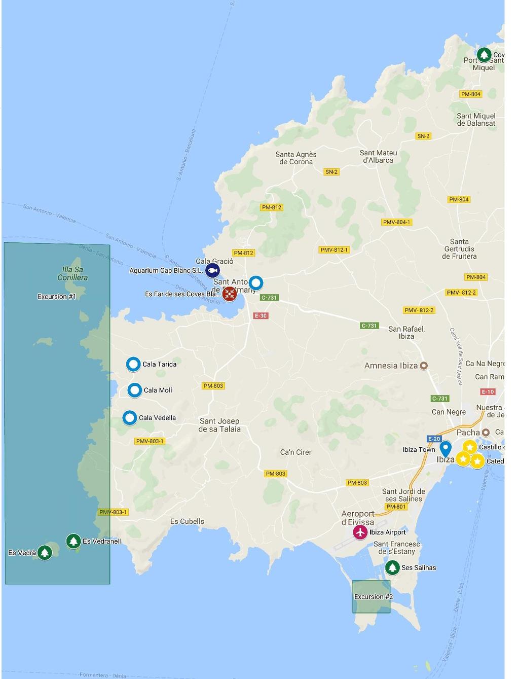 Map: Ibiza Overview with Conference Venue, Excursion areas and tourist attraction E #1: Reserves