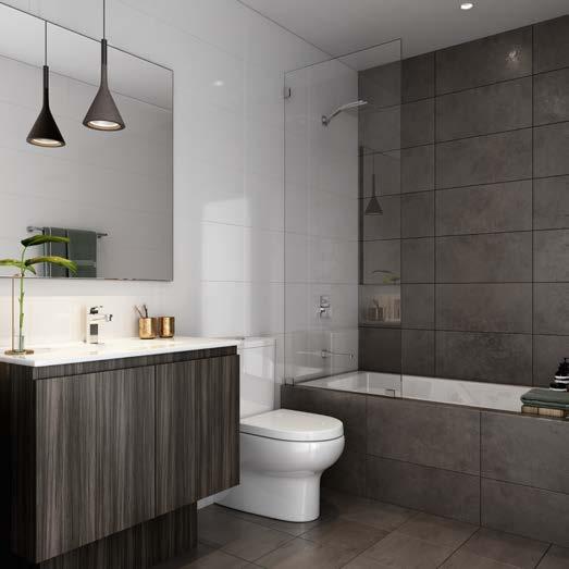 Beautifully appointed and minimalist in their design, bathrooms are graced with chrome hardware and baths.