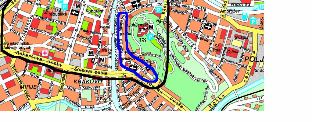 2006 Na zemljevidu je s črno očrtano ožje mestno središče, ki ga oklepajo: Tivolska cesta, Trg Osvobodile fronte, Resljeva cesta, Kopitarjeva ulica, Krekov trg, Predor pod Gradom, Karlovška cesta,