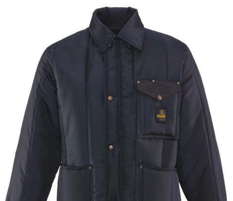 pocket Knee-length coat Nylon collar Adjustable waist belt Side seam openings for trouser pocket access Heavy-duty