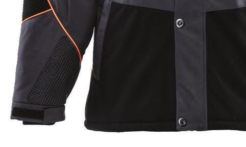 Chest pockets with waterproof zippers Inside zipper pocket Pencil pocket on left sleeve Inner draw cord