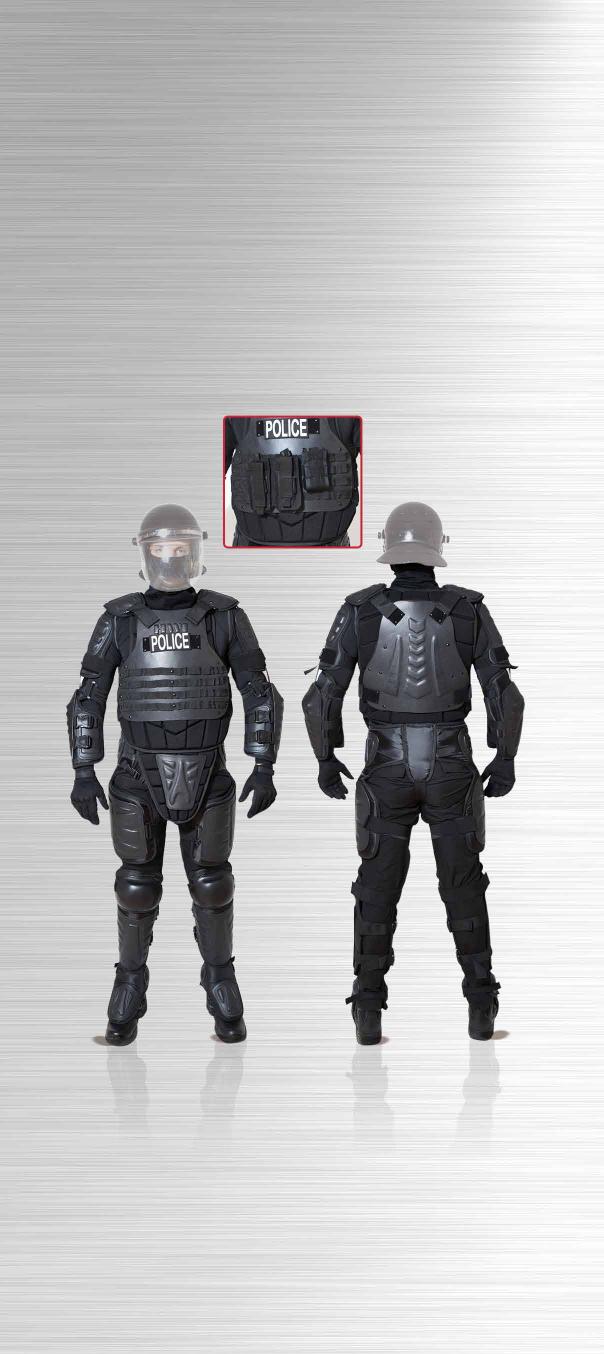 RIOT SUIT ELITE DEFENDER The Elite Defender Riot Suit s contour-molded outer shell with impact ridges combined with the natural shock absorption characteristics of polyethylene plastic effectively