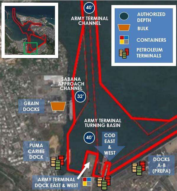 more detailed view of the ATTB area docks and the vessels and cargos received in this part of the channel. Figure 9: Army Terminal Channel and Army Terminal Turning Basin B.