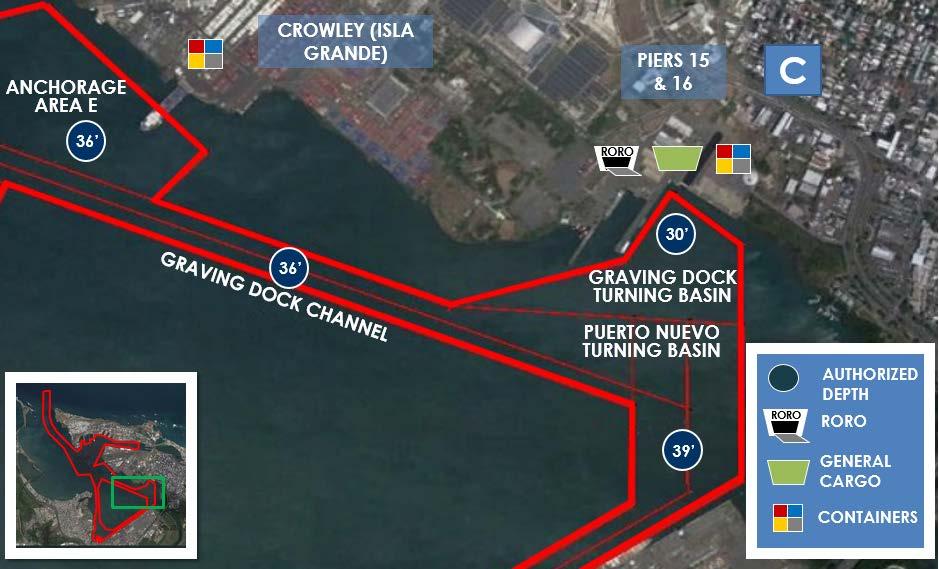 Figure 11: Graving Dock Channel, Graving Dock Turning Basin, and Puerto Nuevo Turning Basin D. The Crowley terminal handles containerized cargo.