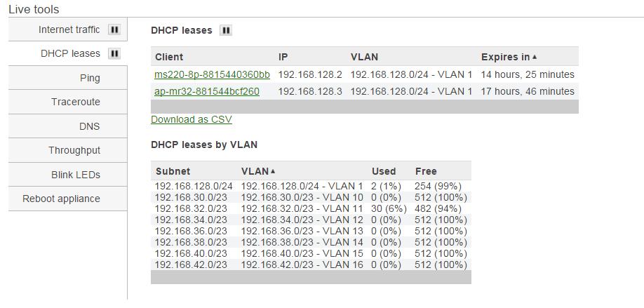Slika 5-5 - Meraki UTM Live tools Klikom na Security Appliance > Monitor > Route table može se vidjeti routing tablica UTM uređaja.