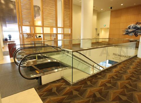 Escalator Surround Glass Panels: Lobby level, 17 double-sided glass panels.
