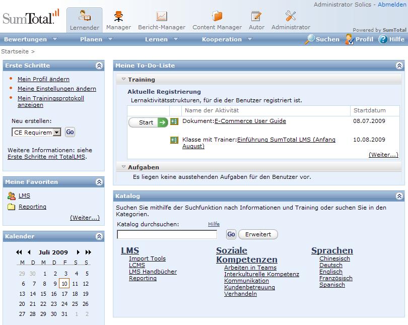 Slika 10 - screenshot sučelja SumTotal - LMS sustava za online edukaciju (Izvor: http://www.solics.de/produkte_totallms.