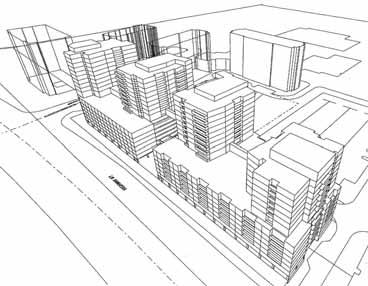 The westerly building continues the six-storey podium with 13- and 15-storey towers A hotel proposed in easterly building, featuring 190 guest rooms, with conference facility, spa, health club,