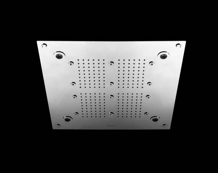 420x420 ceiling mounted stainless steel multifunction system. Jets: rain and atomising.