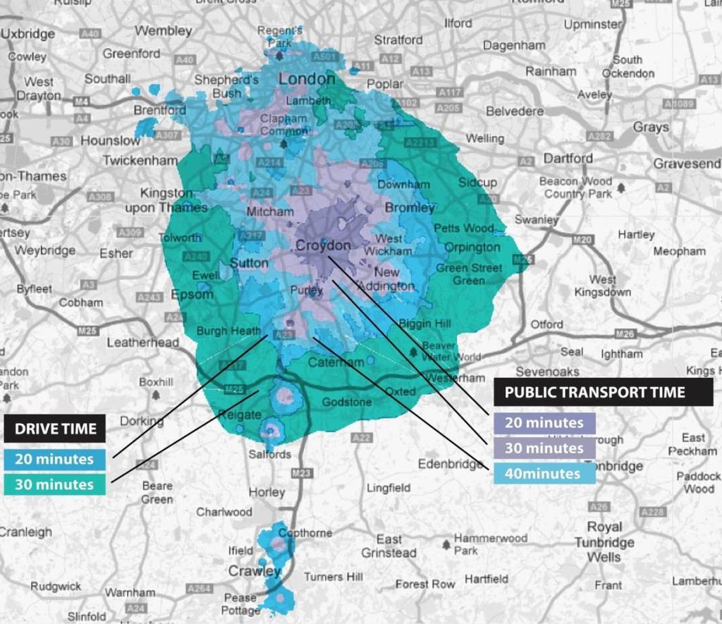 Croydon: Connectivity and catchment Opportunity to cover South London catchment Trade area covers affluent regions of Kent, Surrey and South London Total