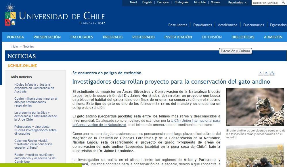 Project coverage in University of Chile web page (June, 2015) Available at: http://www.uchile.