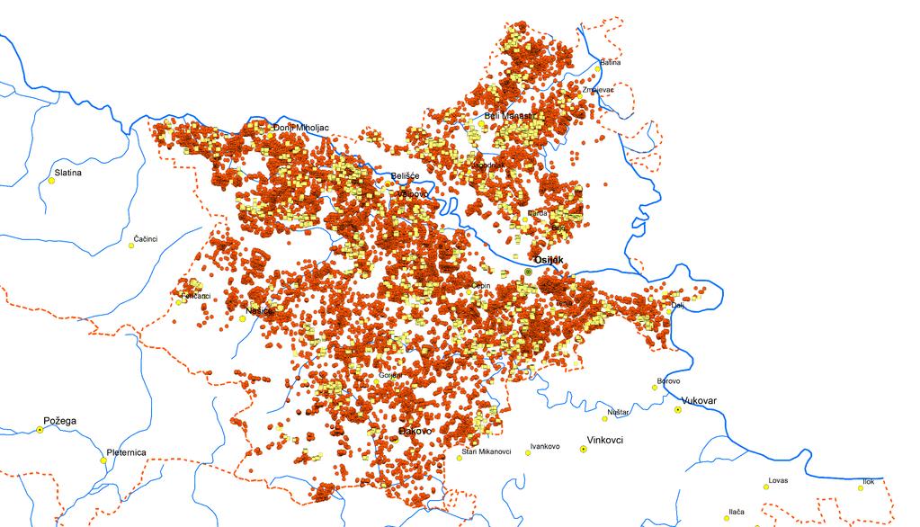 Slika 2. Distribucija uzoraka tla (~22.000; žuti kvadratići: 2015.god.