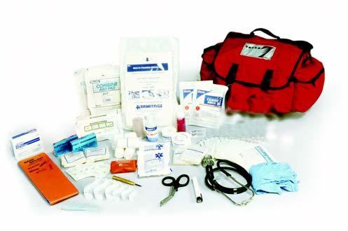 SAVER Model 2100 First Call Kit includes bandages, dressings, equipment and supplies. Bag features a padded main compartment with two zippered pockets. Bag available in blue and red.