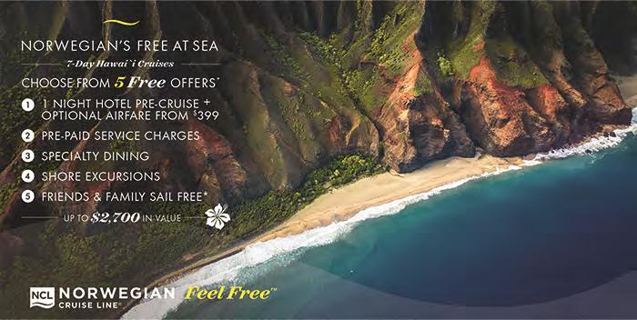 Say Aloha to HAWAII FREE AT SEA For all Pride of America sailings through December 19, 2020, choose 1 of 5 Free Offers for Studio, Inside, Oceanview and Balcony staterooms - or book a Suite and get