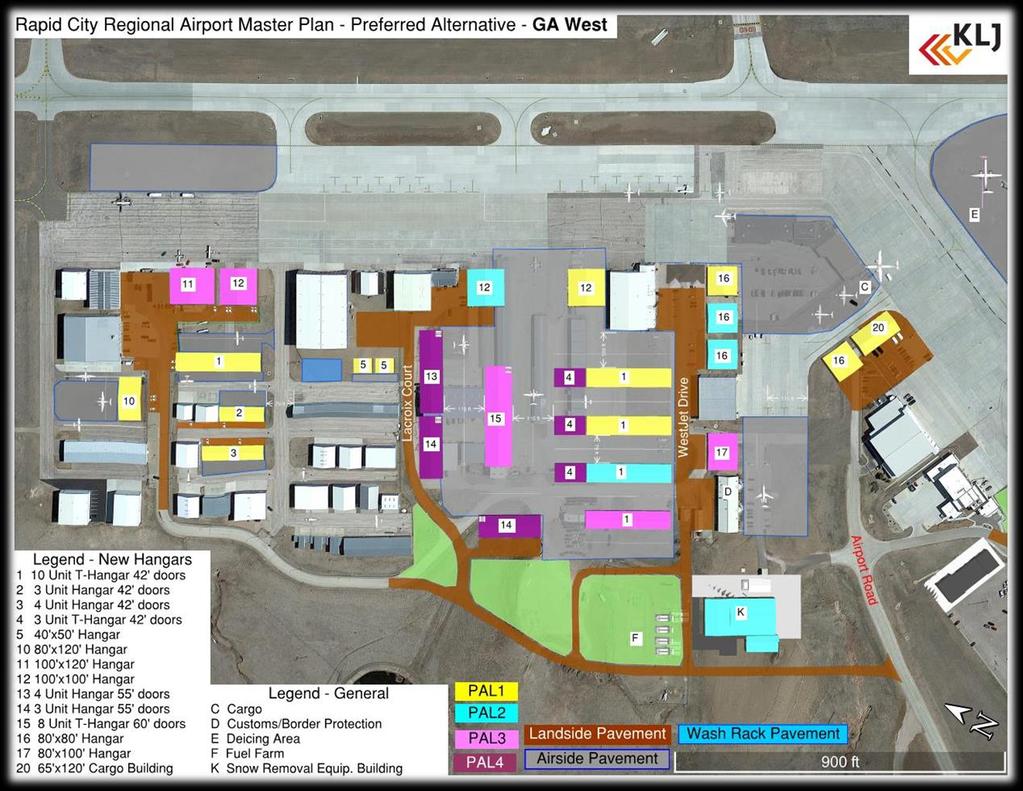 Key elements of the preferred alternative were: New Cargo location New General Aviation Road alignment to accommodate hangar development Relocate Snow Removal Equipment facility to accommodate hangar