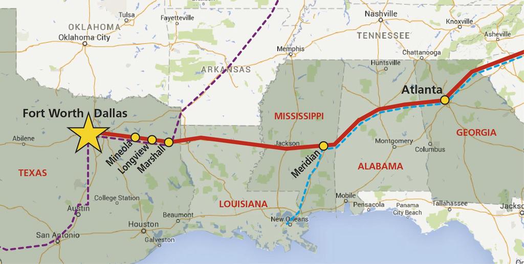 By connecting the dots on this route between Marshall, Texas to Meridian, Mississippi through northern Louisiana, and creating an East-West passenger rail