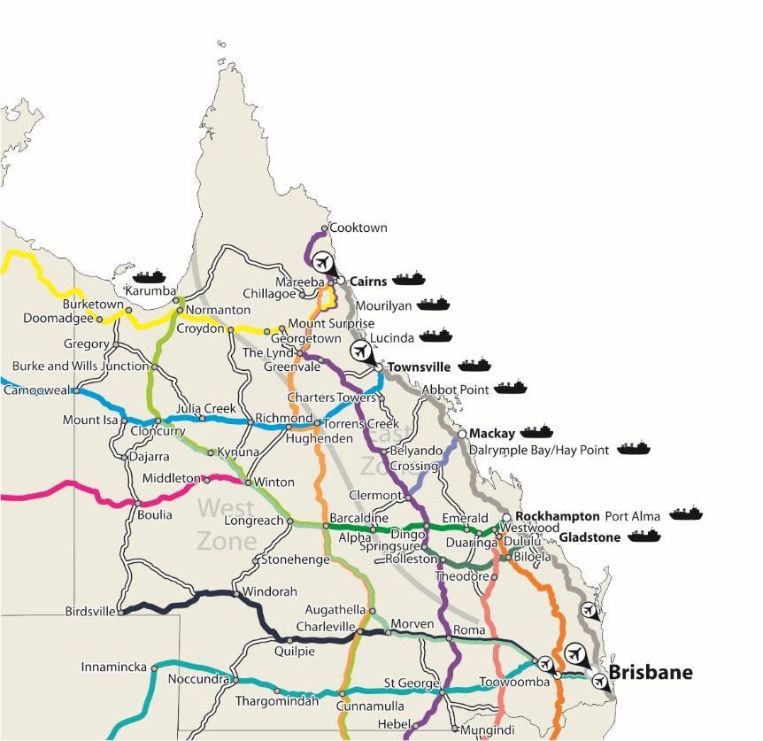 THE FOLLOWING ARE THE KEY CORRIDORS AND CONNECTORS THAT SUPPORT ECONOMIC SUPPLY CHAINS ACROSS QUEENSLAND Queensland exported $70 billion of goods in