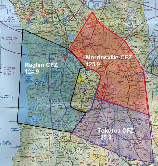 Figure 4 Three CFZ proposal CTC note: Morrinsville and Tokoroa boundary is aligned with Cambridge-Tirau-SH5 to Rotorua Charted aerodromes within proposed CFZs: