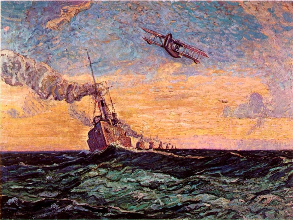 (Courtesy The National Gallery of Canada.) MINESWEEPERS, HALIFAX by Arthur Lismer (1885- ). Canadian trawler-minesweepers steam in line ahead in the Halifax approaches in 1918.