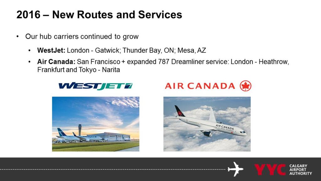There were several great new destinations added, or announced in 2016 WestJet introduced its first trans-atlantic service adding London, Gatwick to its network of destinations, added seasonal service
