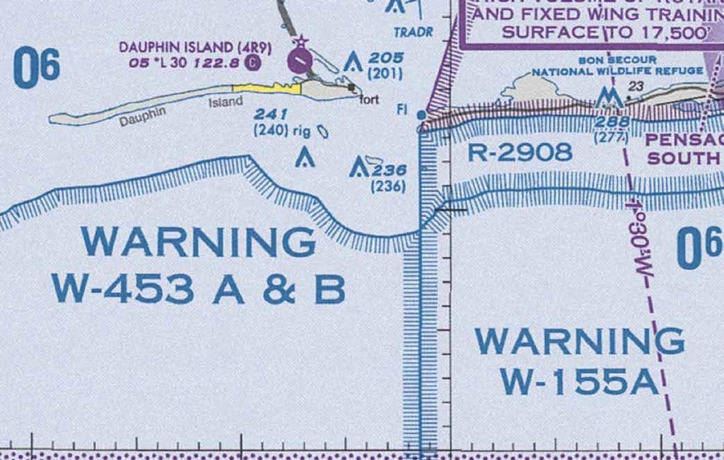 Warning Area - Extends outward from 3 nm off the coast - Warns pilots of potentially hazardous activities - Only the airspace effective below 10,000 msl is shown - VFR flight through active warning