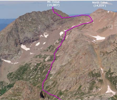 This is most of the remaining route from Twin Lakes to get to Mt. Eolus.
