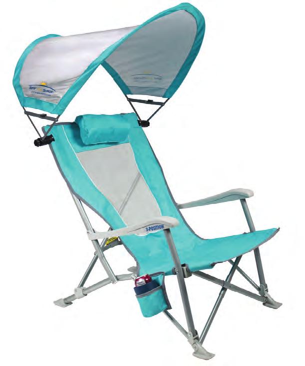 » SUNSHADE RECLINER Breathable mesh backrest Storage bag fits inside head pocket to transform to a pillow The SunShade Recliner is a 3-position aluminum beach chair that features the SPF SunShade -