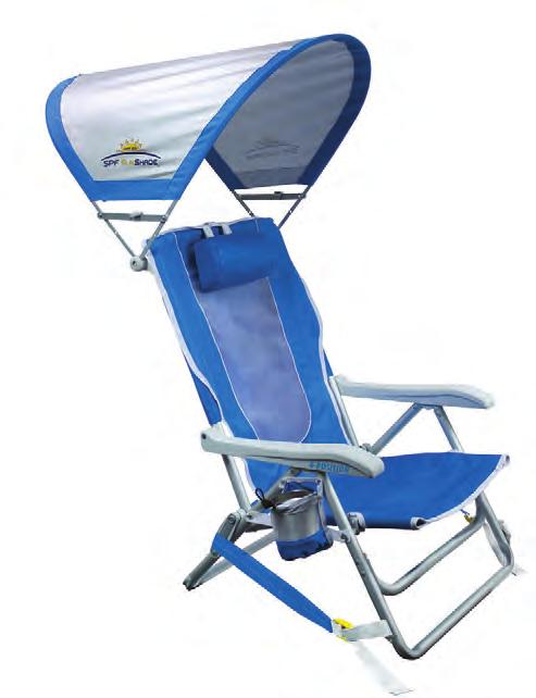 » SUNSHADE BACKPACK BEACH CHAIR Breathable mesh backrest The SunShade Backpack Beach Chair is a 4-position aluminum/ steel hybrid framed chair featuring the SPF SunShade an adjustable shade that