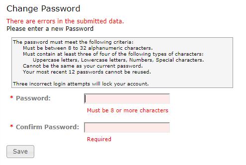 If the passwords do not match or fail validation, the screen will remain the same with a
