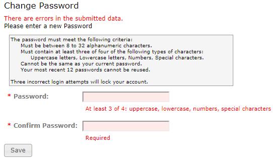If the password criteria are not met, the screen will remain the same with a failure