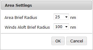 v. Area Settings The Area Settings option will bring up an Area Settings dialog box that allows the user to choose the radius to be used for the area briefing (for tabs other than the winds aloft