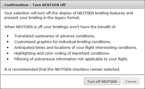 view. A confirmation dialog is displayed when NEXTGEN View is unchecked.