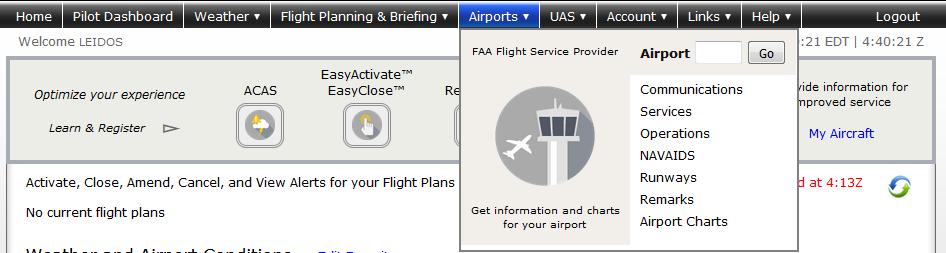 9. Airports Page Hovering over Airports from the menu bar causes a drop-down menu to be displayed. It contains a text box and button, as well as the links shown below. a. Communications b. Services c.