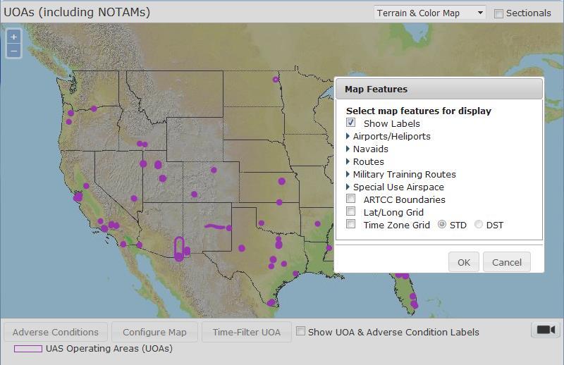 e. Configure Map options The Configure Maps options allows the pilot/uoa operator to toggle on or off map feature labels, Airports/Heliports, Navaids, Routes, Military Training Routes, Special Use