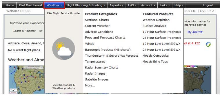 7. Weather Page Overview Hovering over Weather in the menu bar causes a drop-down menu to be displayed, containing the links shown below.