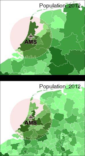 The adjacent figures display 1 population data on a NUTS- and NUTS- level around Amsterdam Schiphol airport as an example.