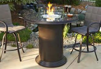 Blend Supercast top with light weight Dora Brown fiberglass base Optional 3 heights: chat, dining, pub Matching recessed burner  Made in USA