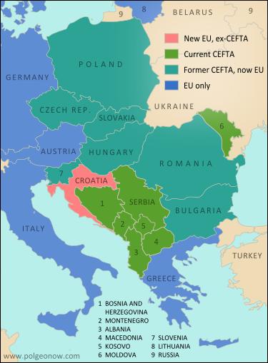 Slika 3: Bivše i sadašnje članice CEFTA-e Izvor: Political Geography Now. Dostupno na: http://www.polgeonow.com/2013/07/croatia-joins-eu-leavescefta.html (22.02.2018.