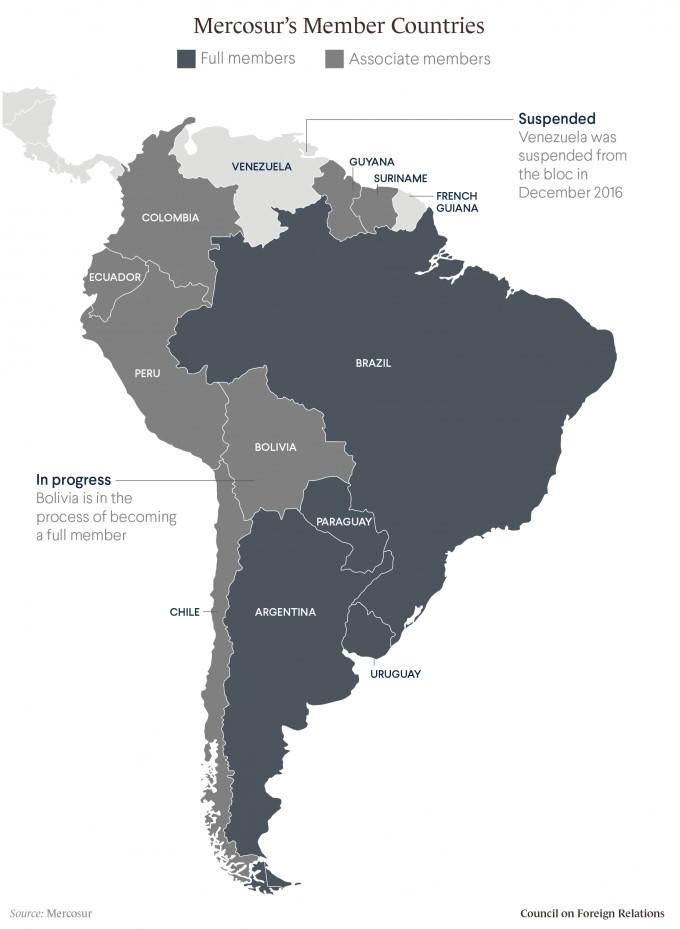 Regionalna ekonomska integracija MERCOSUR sastoji se 5 punopravnih zemalja članica s južnoameričkog kontinenta.
