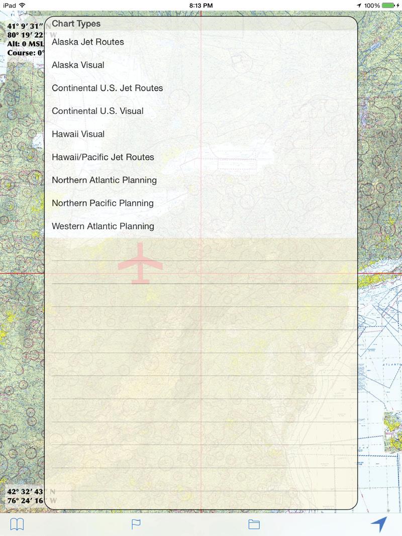 Most of the screen is a scrollable and zoomable chart. There are four indicators that can appear on the screen. A red airplane position indicator show the current location and course.